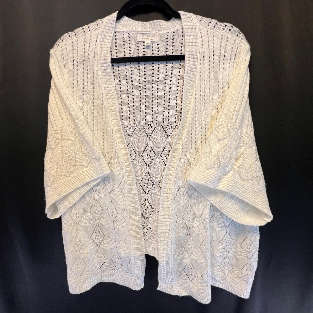 Signature by Robbie Bee Womens 2X White Pointelle Open Front Cardigan Sweater